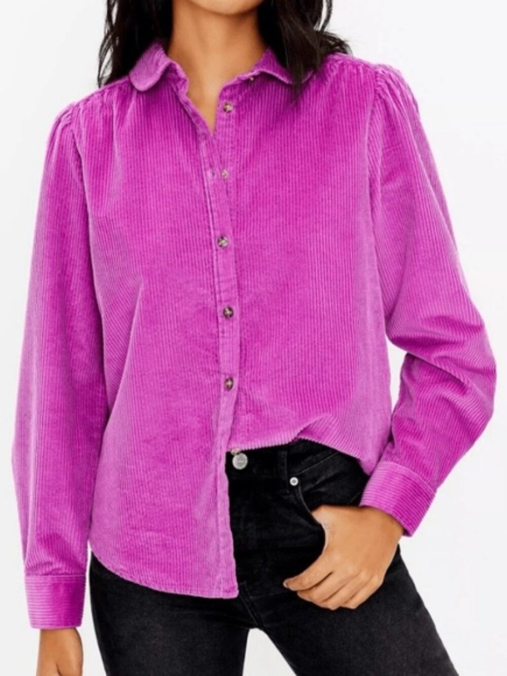 LOFT magenta 100% cotton corduroy long sleeve collared button up shirt large L